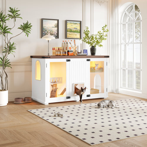 Large Cat Litter Box Enclosure with LED Light and Stairs - White