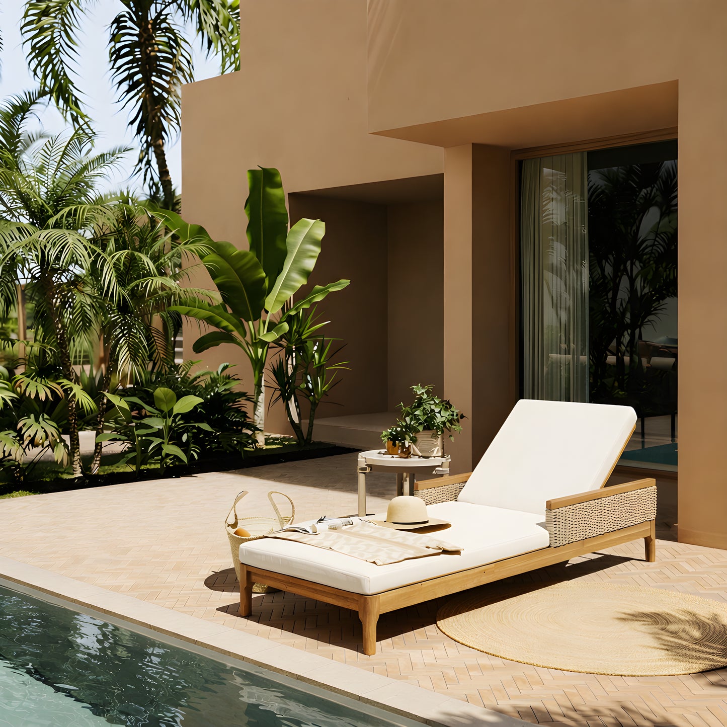 Acacia Wood Sun Chaise Lounger with Beige Cushions - 76.8"