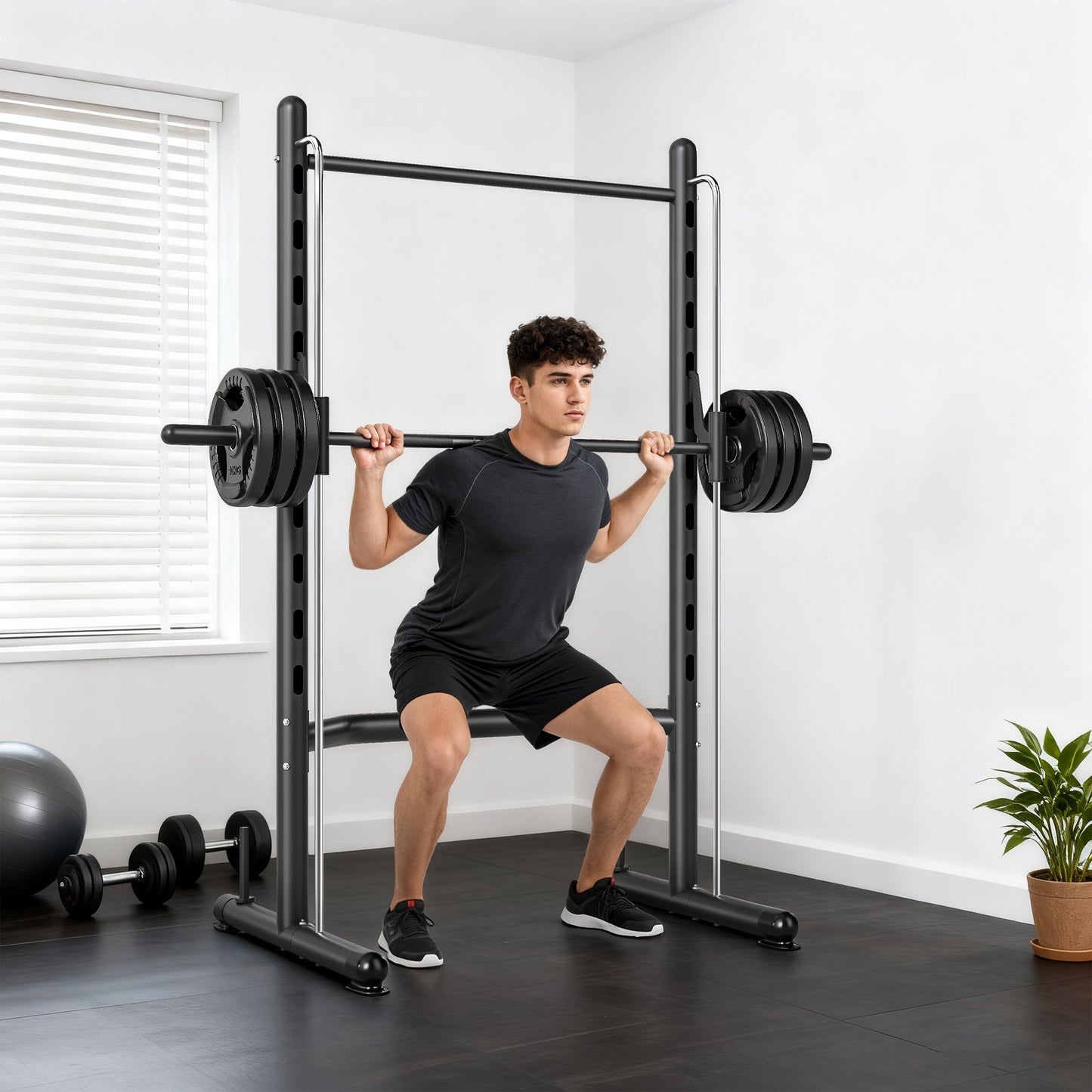 Adjustable Squat Rack with Pull-Up Bar & Barbell Holder - Black