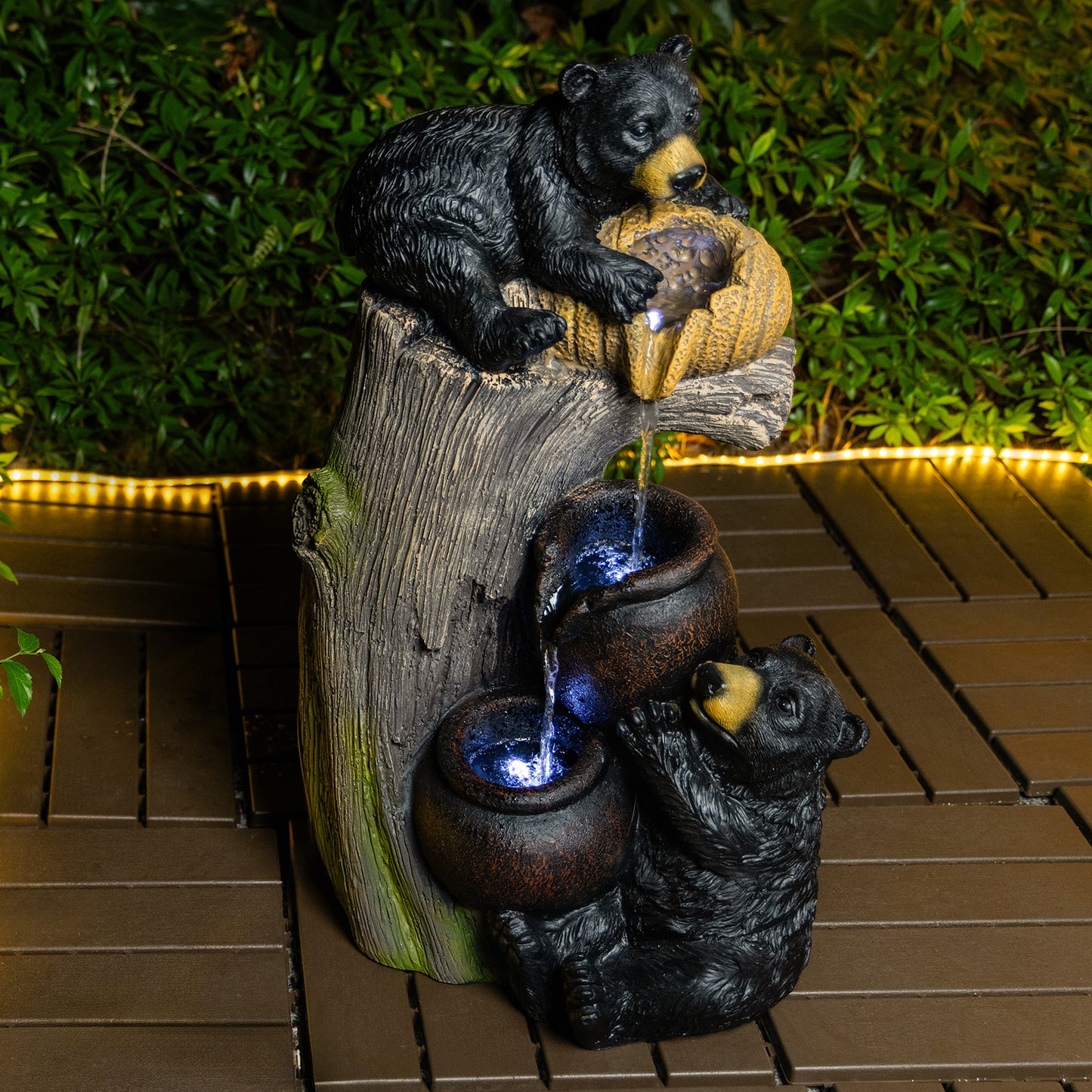 Bear Outdoor Water Fountain with LED Lights, Cascading Garden Decor, 23.6 Inches