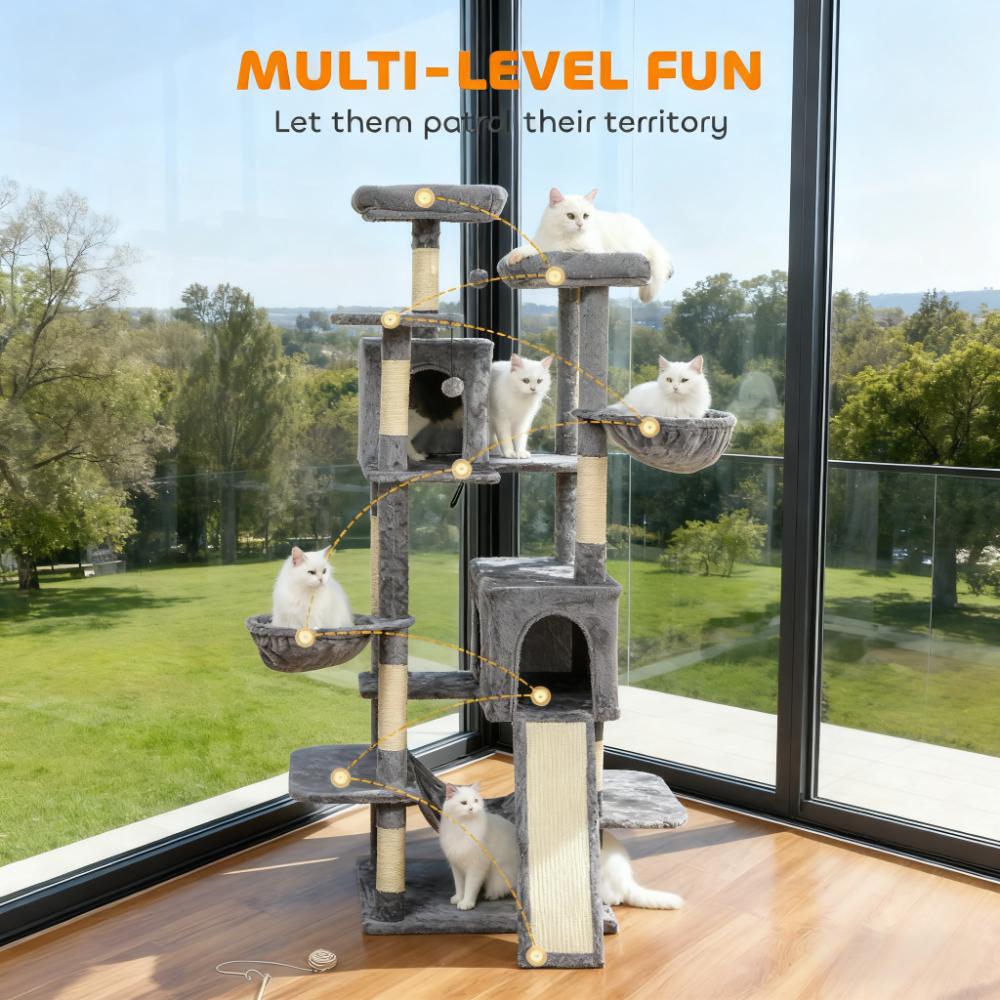 Multi-Level Cat Tree - Dark Gray 69" Cat Tower with Condos & Hammocks