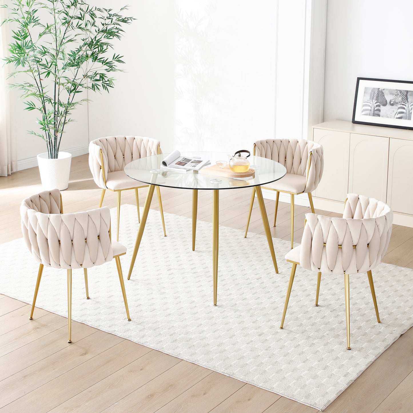 Set of 2 Modern Velvet Dining Chairs - Beige with Gold Legs