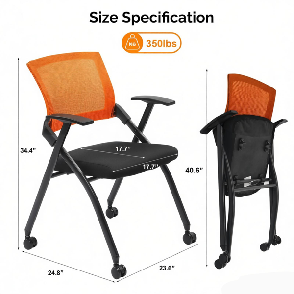 Stackable Folding Office Chair with Wheels - Ergonomic Padded Seat, 350lbs Capacity, Orange
