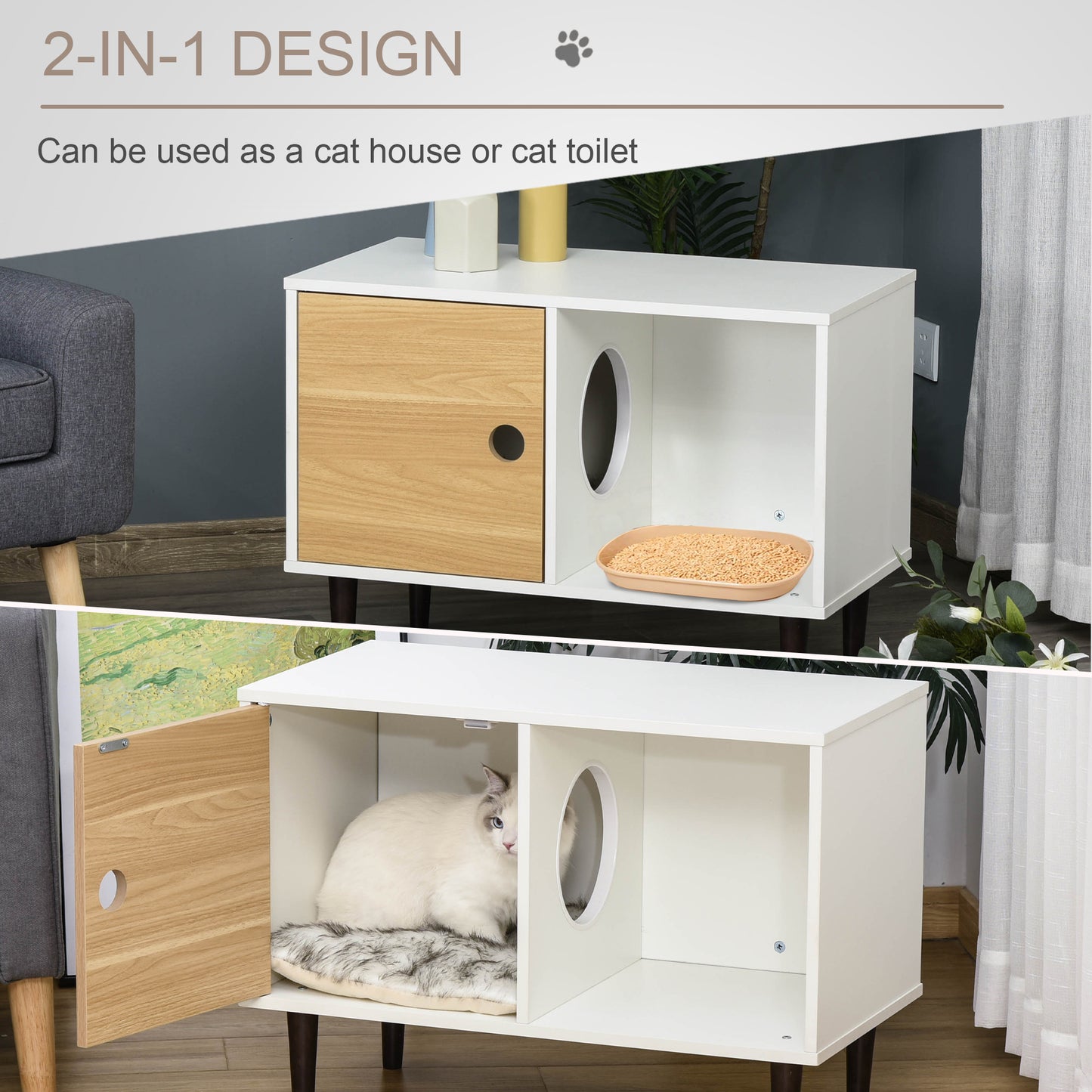 Wooden Cat House with Soft Cushion - Elevated Pet Condo with Storage - White, 800x460x160mm