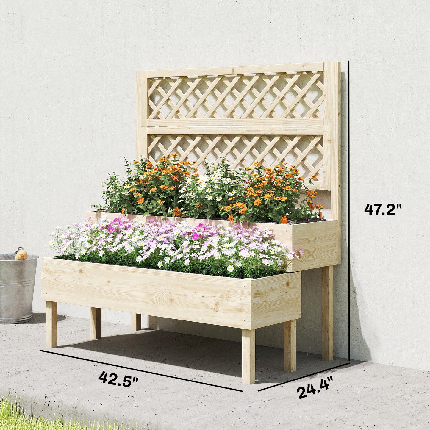 Raised Garden Bed with Trellis - 2-Tier Elevated Planter Box for Climbing Plants - Natural Wood Finish, 1200x370x200 mm
