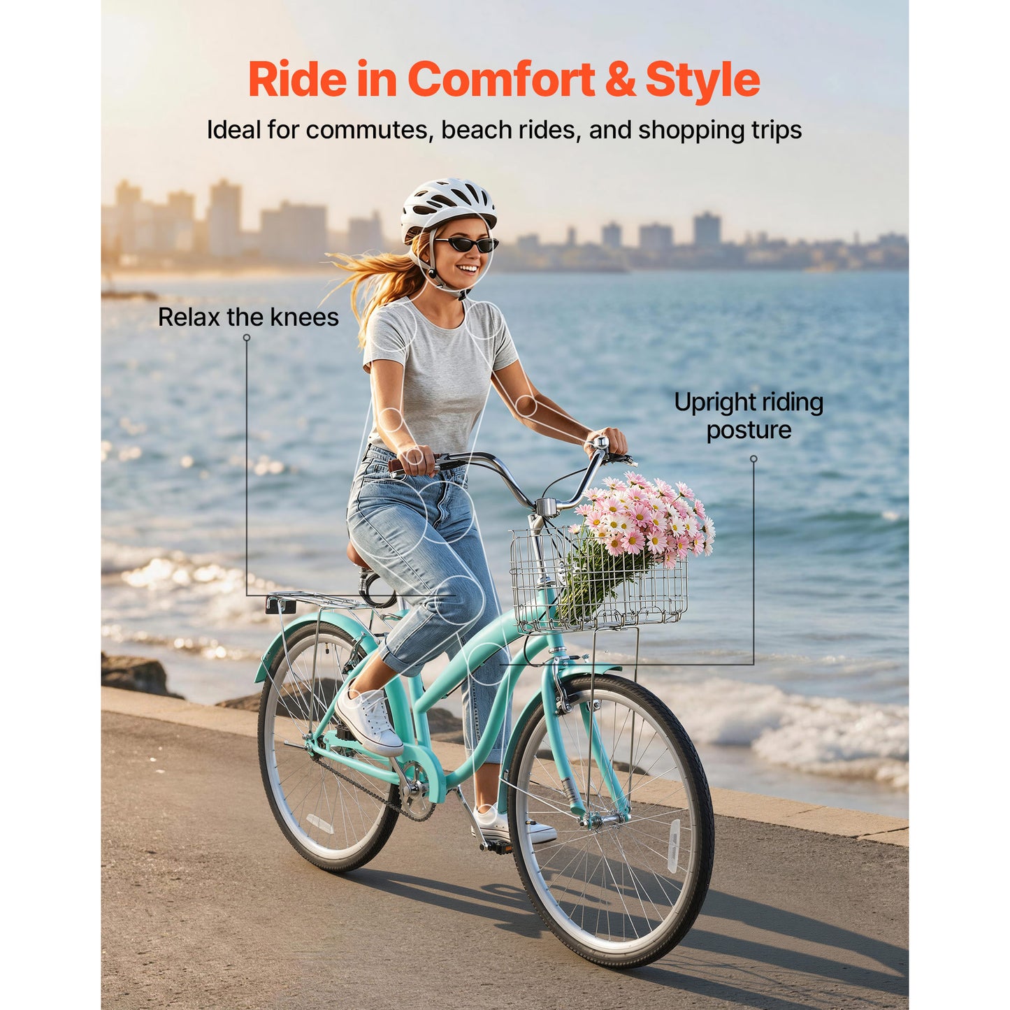 Women’s 26 Inch Beach Cruiser Bike - Single-Speed City Bicycle with Steel Frame, Basket & Rear Rack