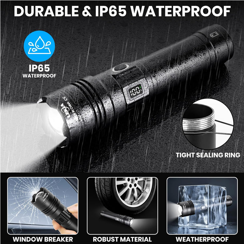 Rechargeable LED Flashlight 50000 Lumens Long Range USB C Emergency Torch - Black
