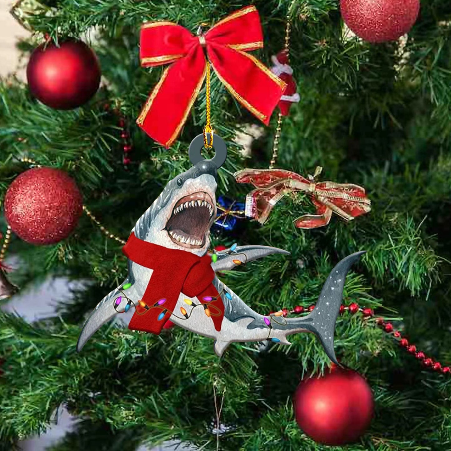 Christmas Shark Wooden Pendant Decoration for Holiday Home Decor
