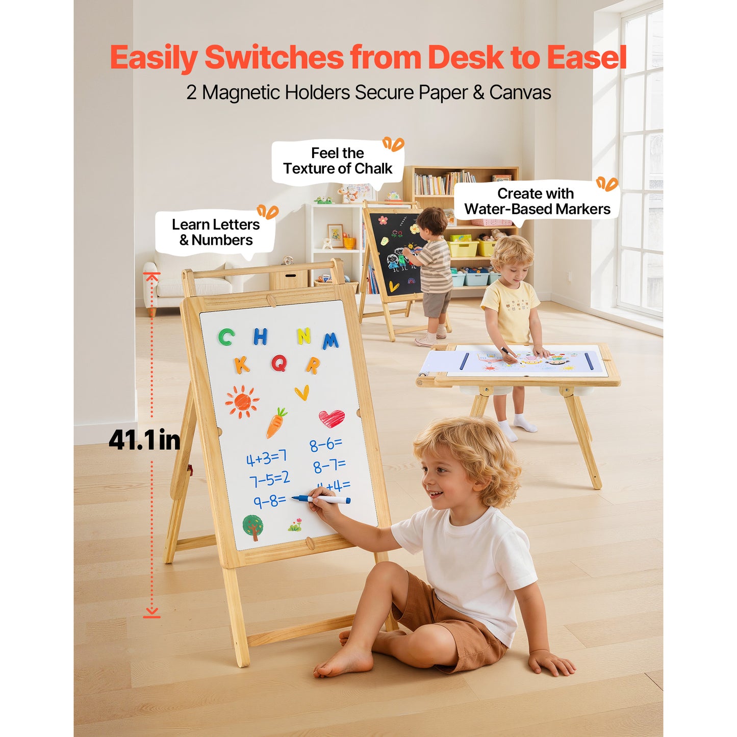 Wooden Sensory Table & Art Easel for Toddlers with Reversible Board & Storage Bins