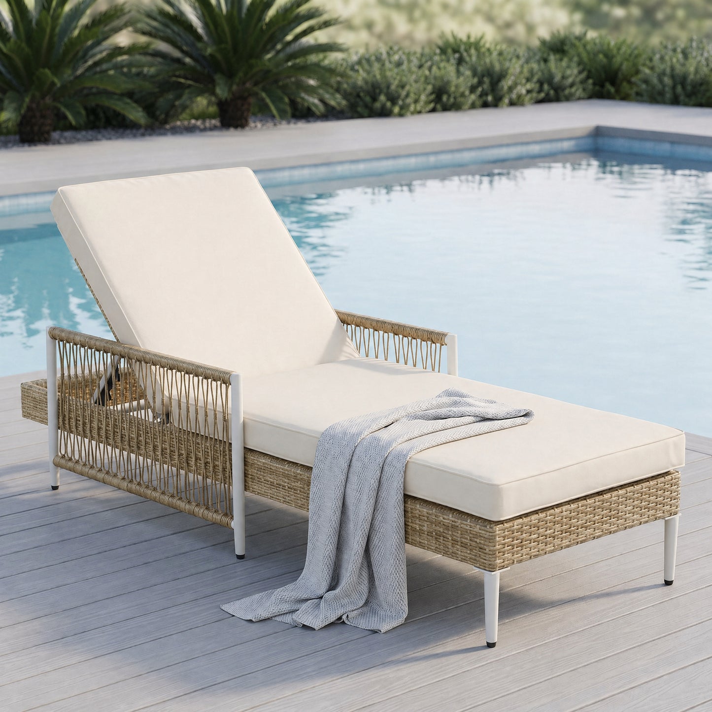 Outdoor Chaise Lounge Chair - Adjustable Recliner with Cushion, Beige