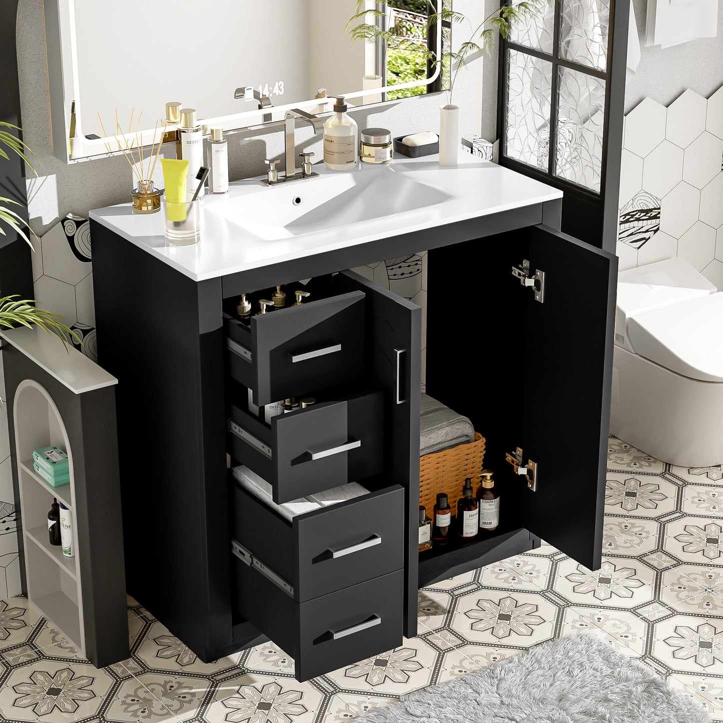 36-Inch Black Bathroom Vanity with Ceramic Sink & Soft-Close Drawers