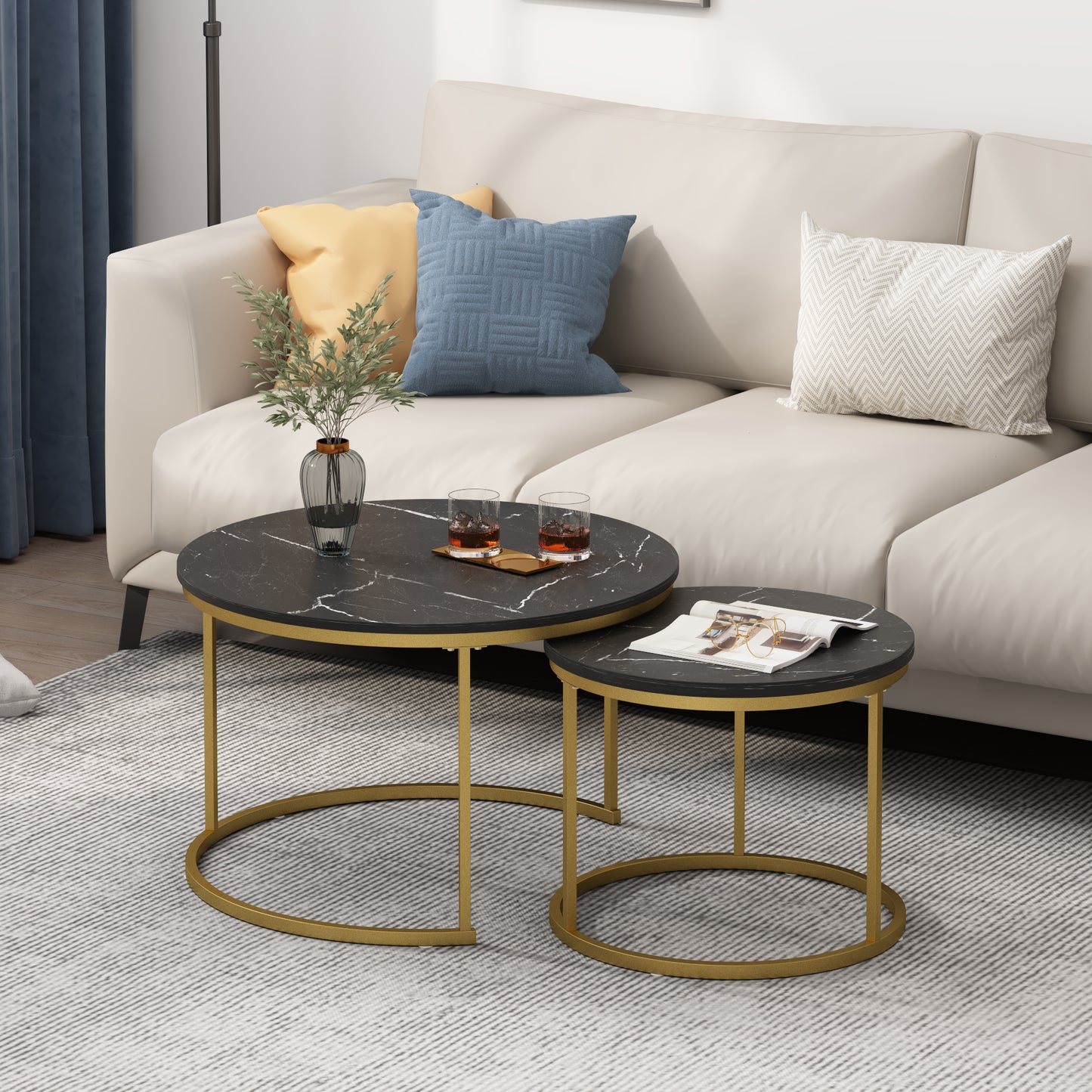 Nesting Coffee Table Set of 2 - Round Black+Gold Marble Top