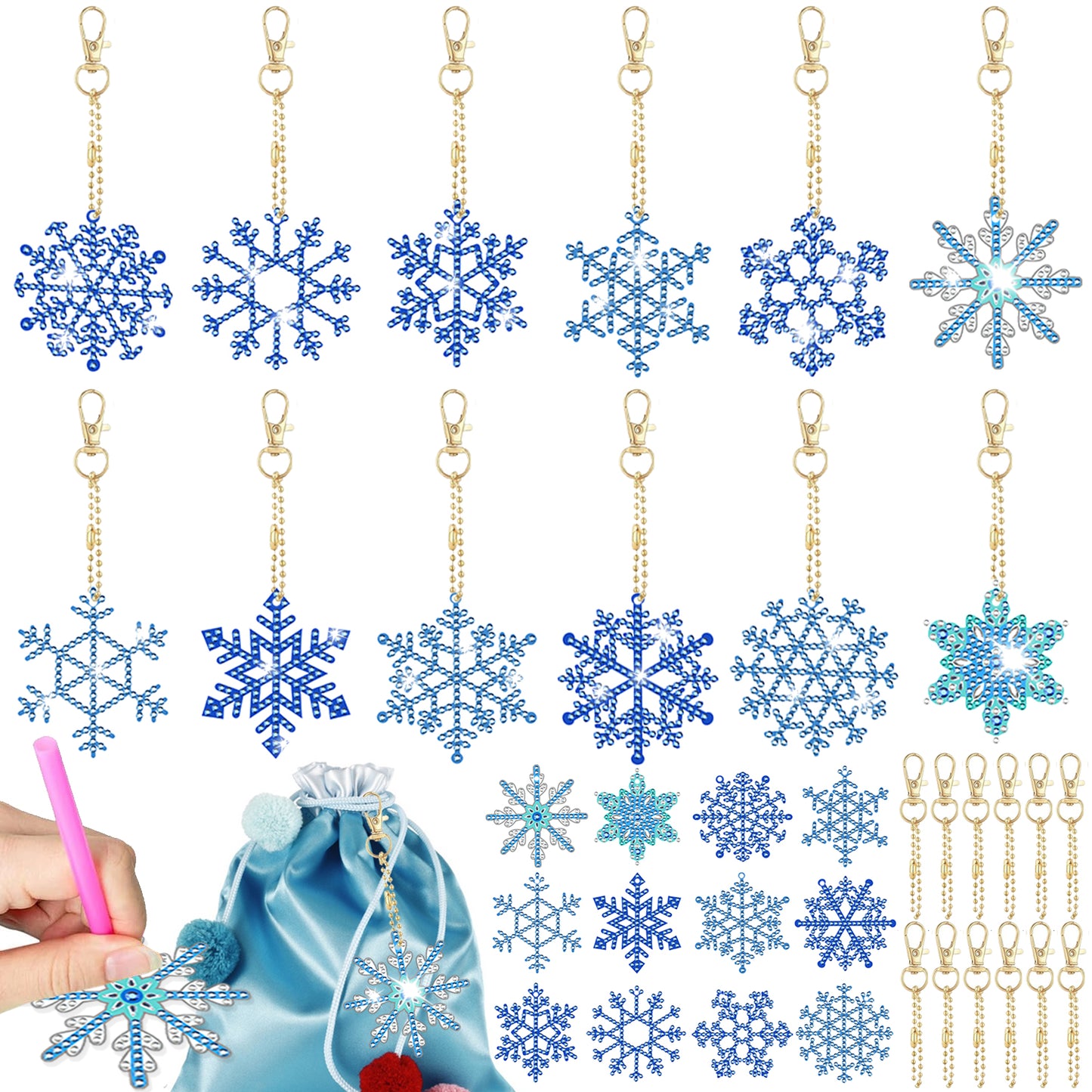 Snowflake Rhinestones Painting Keychain Kits - 12 Packs