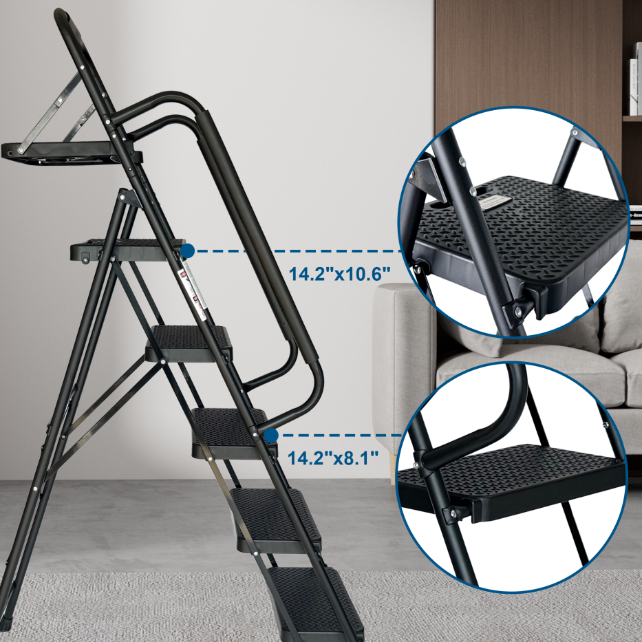 Folding Step Ladder with Wide Anti-Slip Pedal - Black