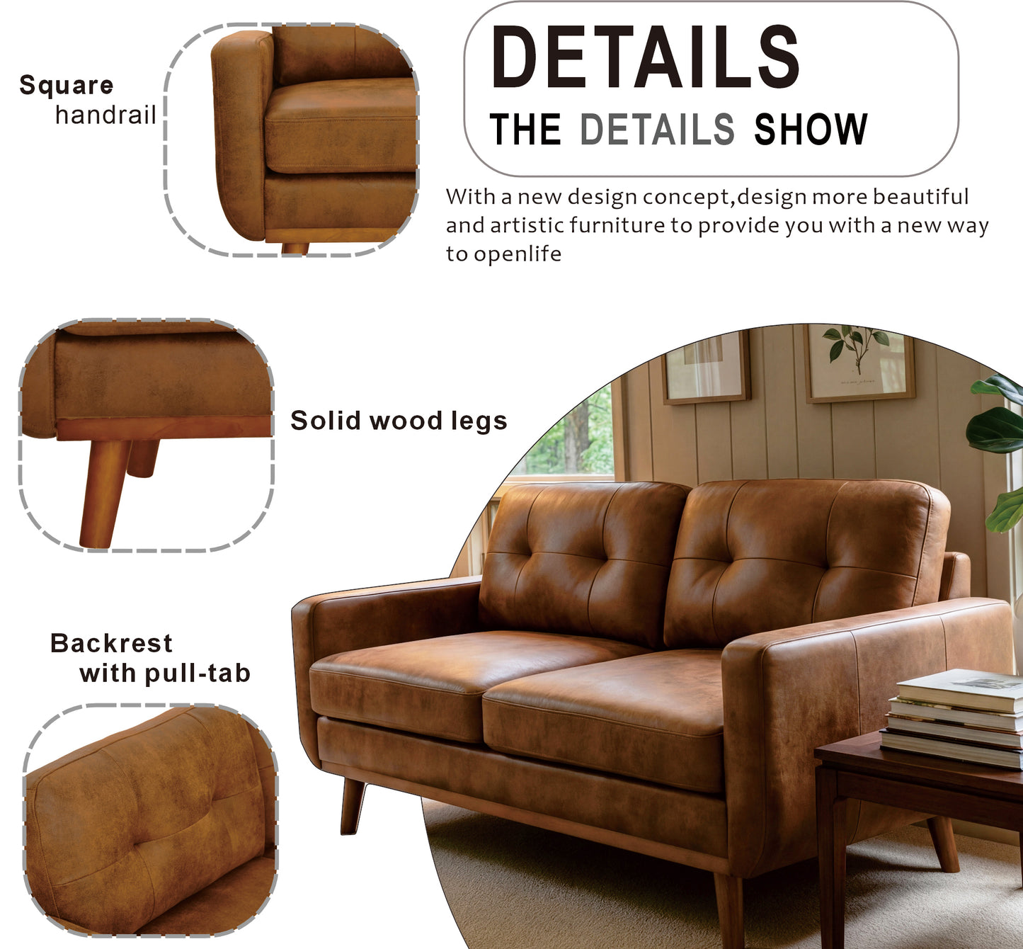 65-Inch Modern Minimalist Two-Seater Sofa - Light Brown