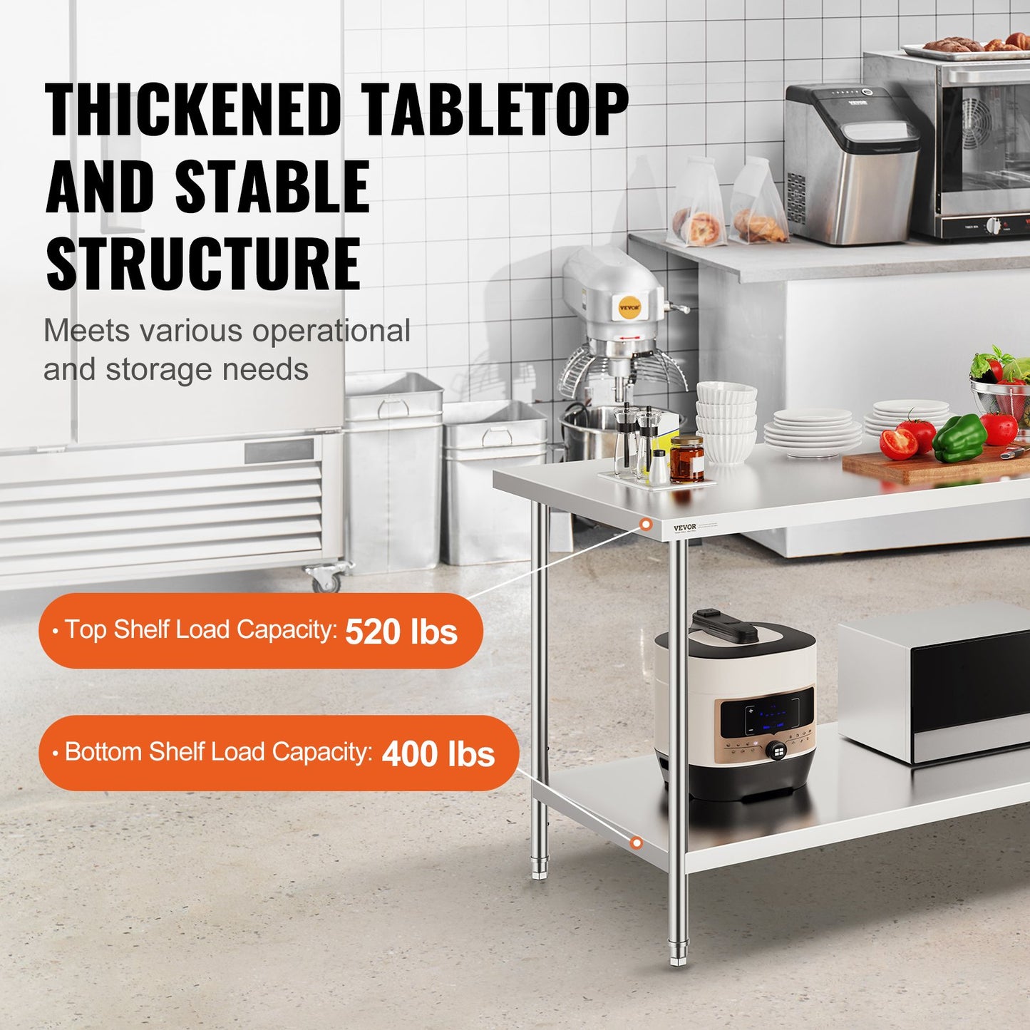 Heavy Duty Stainless Steel Prep Table - 30 x 72 Inch, Adjustable Height