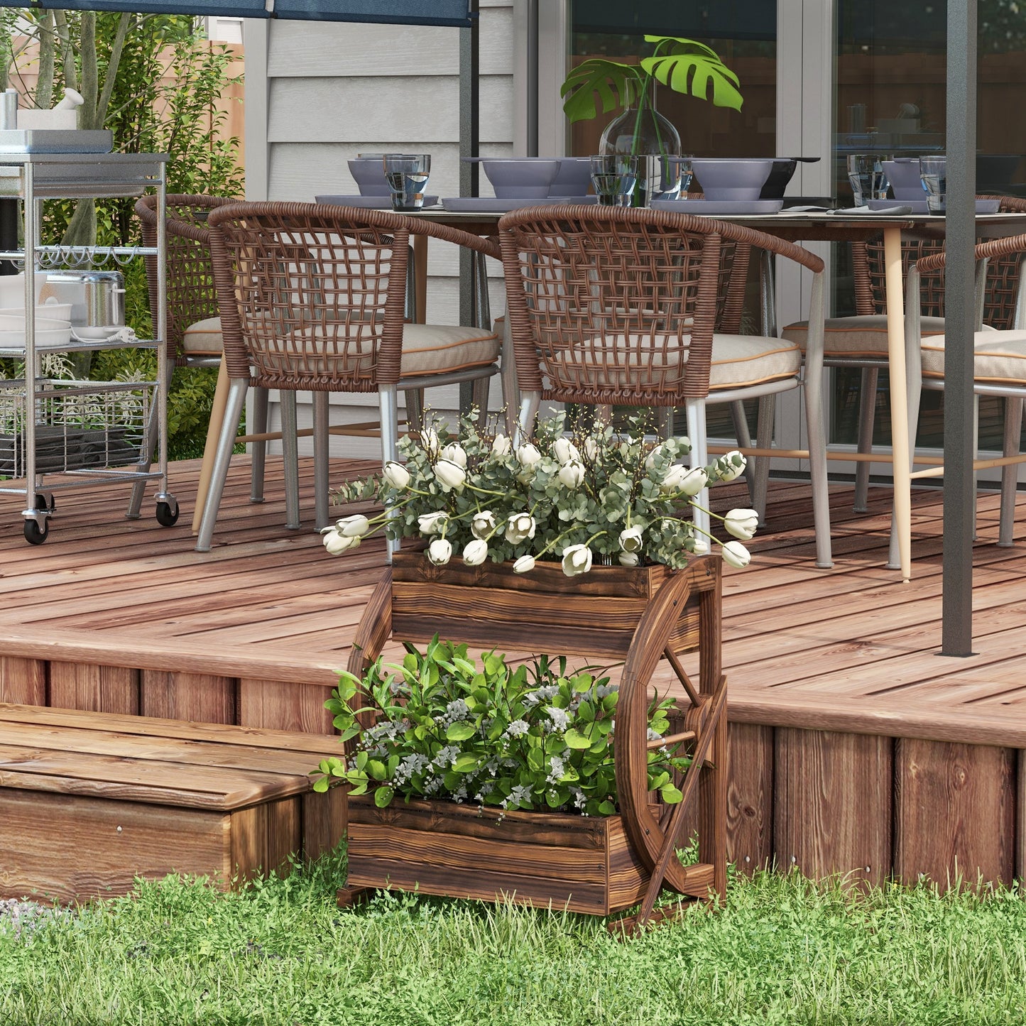 Wooden Wagon Planter Box - 2-Tier Raised Garden Bed for Vegetables Flowers Herbs - Carbonized 22" x 13" x 22"