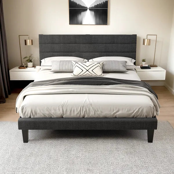 Queen Size Dark Gray Tufted Platform Bed Frame - Linen Upholstery