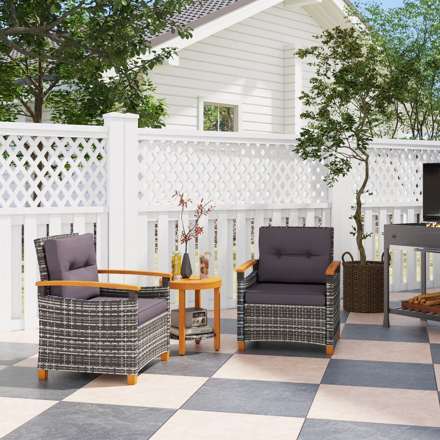 Outdoor Bistro Set with Cushions - Gray Wicker Patio Furniture