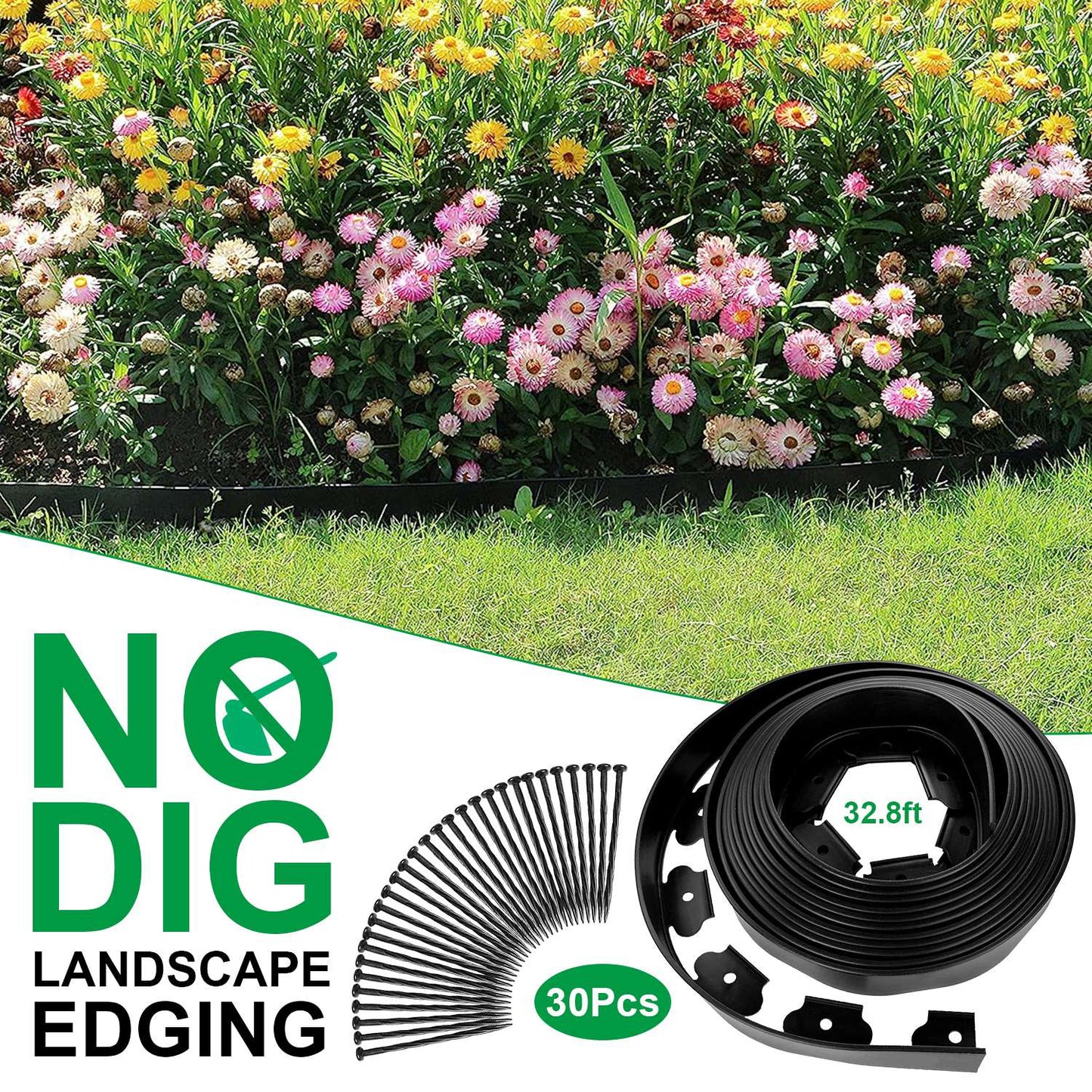 Non-Digging Plastic Garden Edging Kit with Stakes - Landscape Border for Lawn & Flower Beds