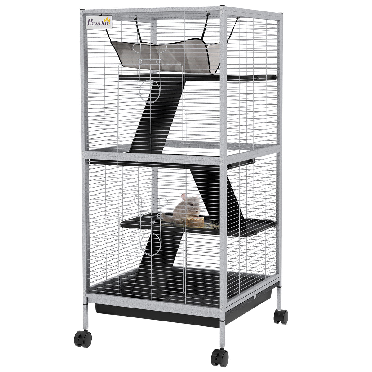 45-Inch Rolling Small Animal Cage with Hammock, Removable Tray, for Ferrets & Chinchillas - White