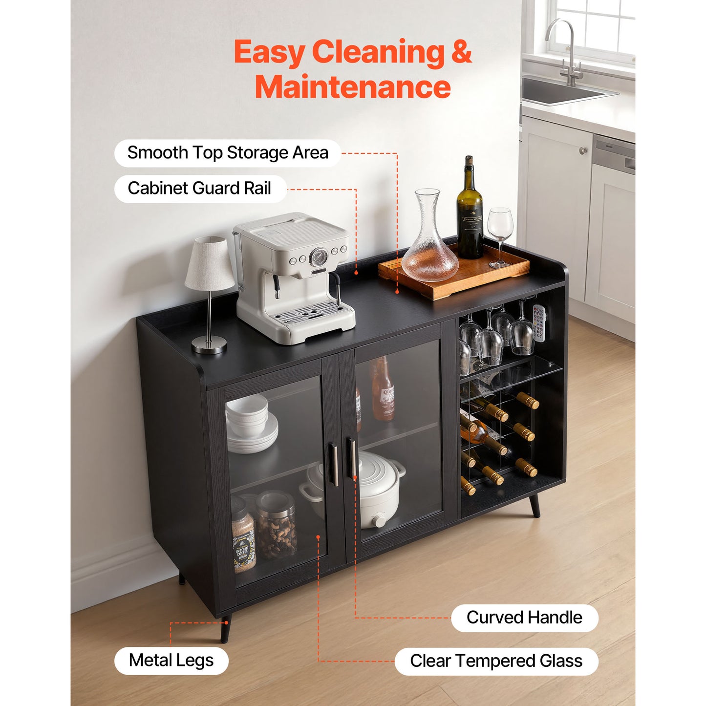 Wine Cabinet with 9 Bottle Racks & Glass Holder - Modern Buffet Sideboard, Black Wood Grain