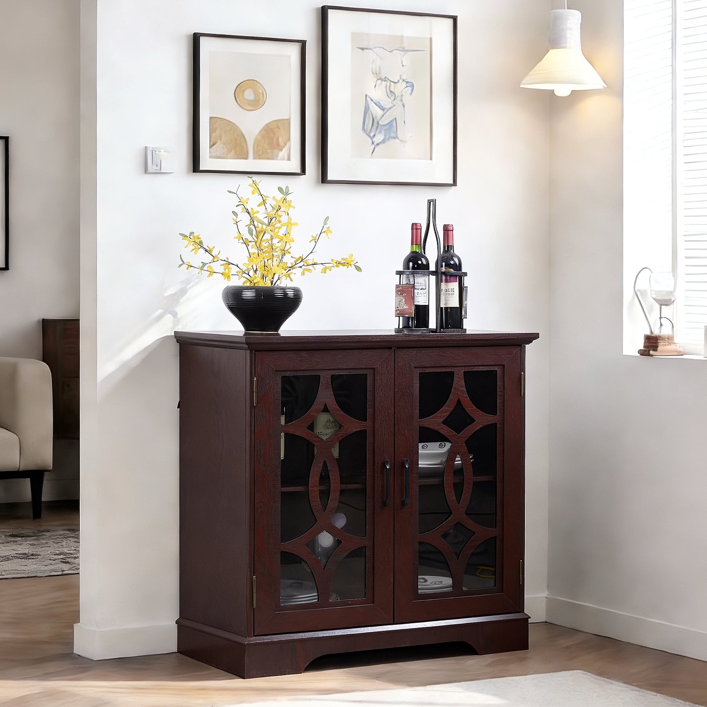 34.37 X 15.55 34.06in Spacious Size Sideboard 2 Clear Tempered Glass