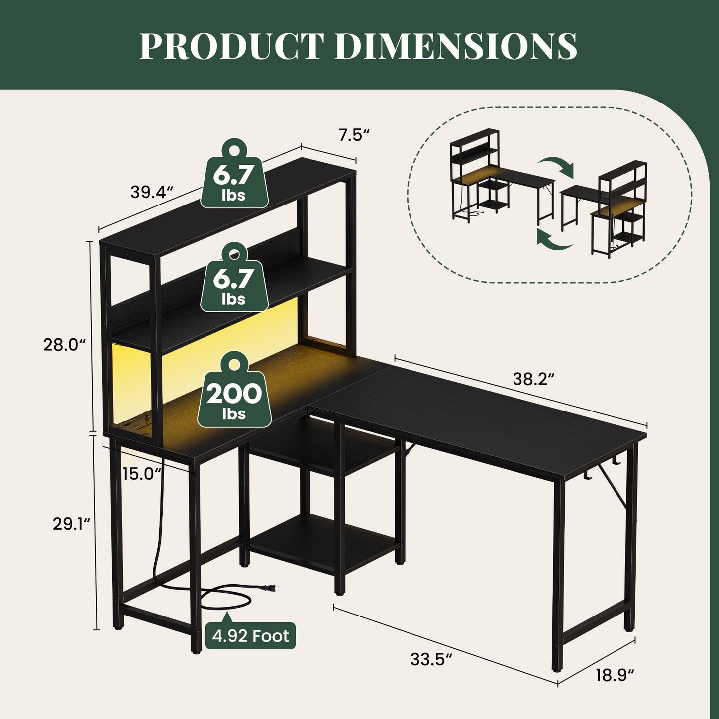 L-Shaped Gaming Desk with Power Socket & RGB Lights
