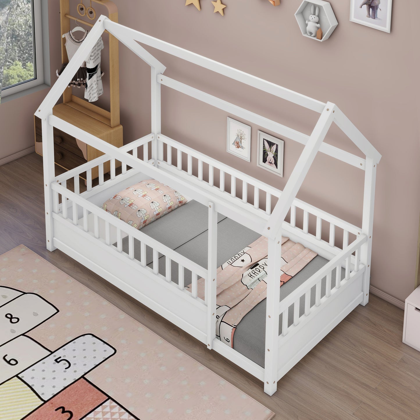 Twin Size Wooden Bed with House Roof Frame & Fence Guardrails - White