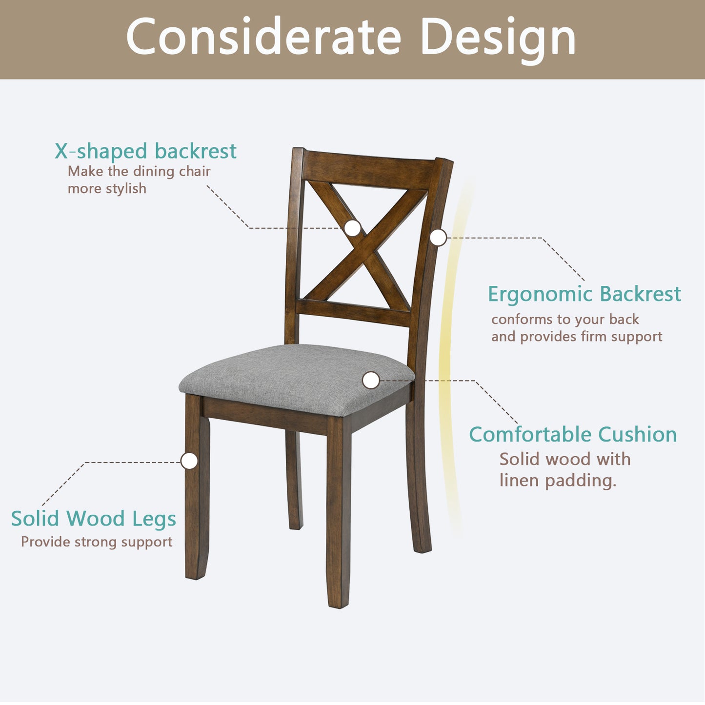 Wooden Dining Chairs Set of 4 with Padded Seats - Walnut