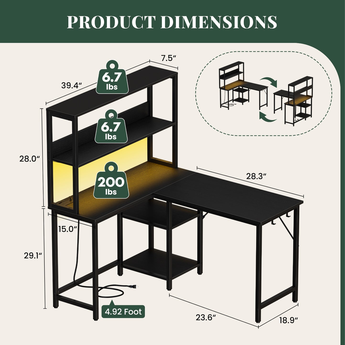 L-Shaped Gaming Desk with Power Socket & RGB Lights