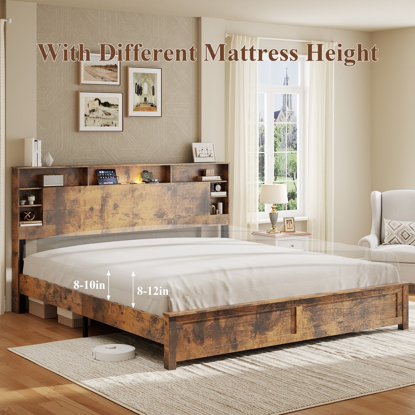 King Platform Bed Frame with Bookcase Headboard & LED Lighting