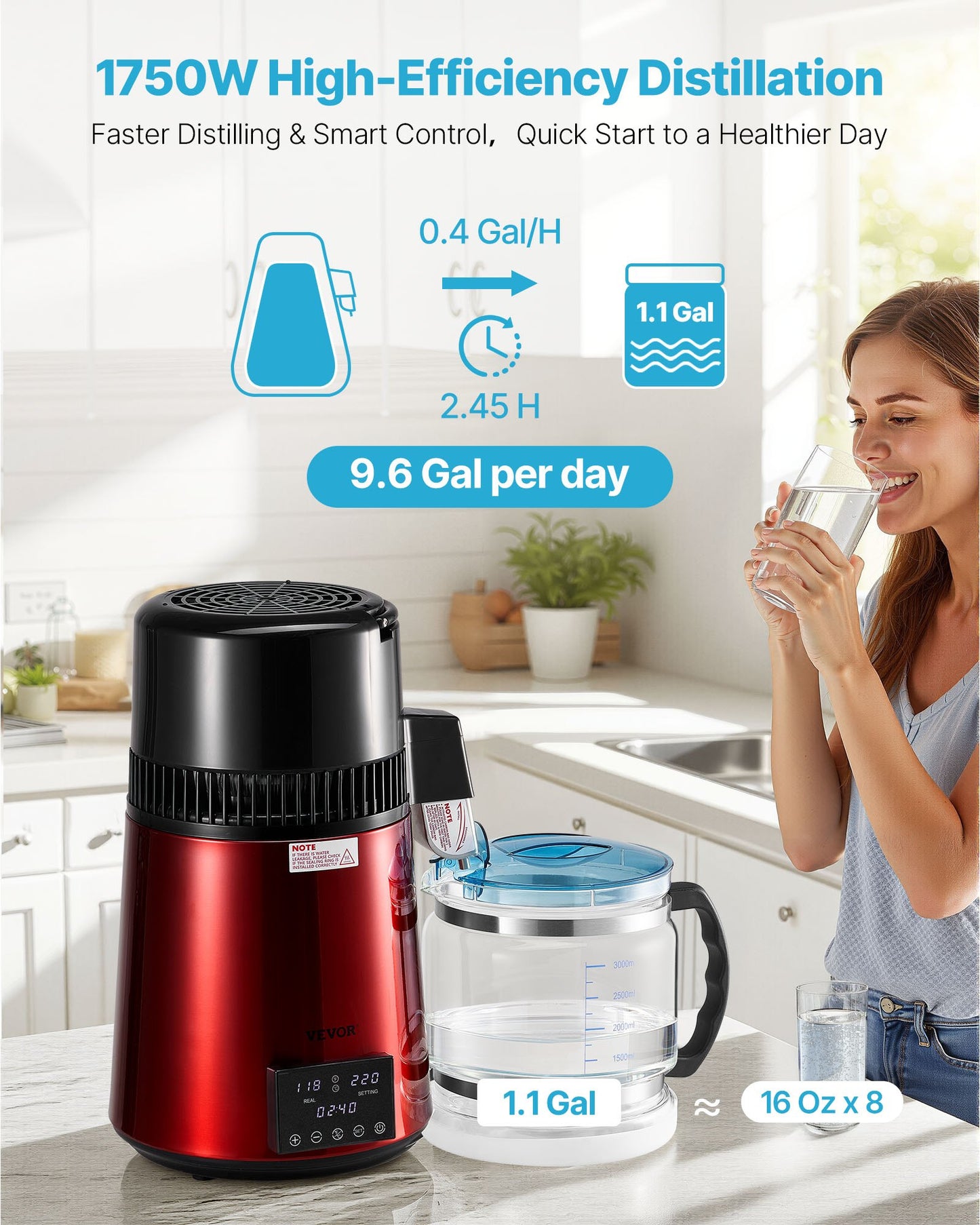 4L Water Distiller Machine with Stainless Steel & Glass - Home Countertop Purifier, Red