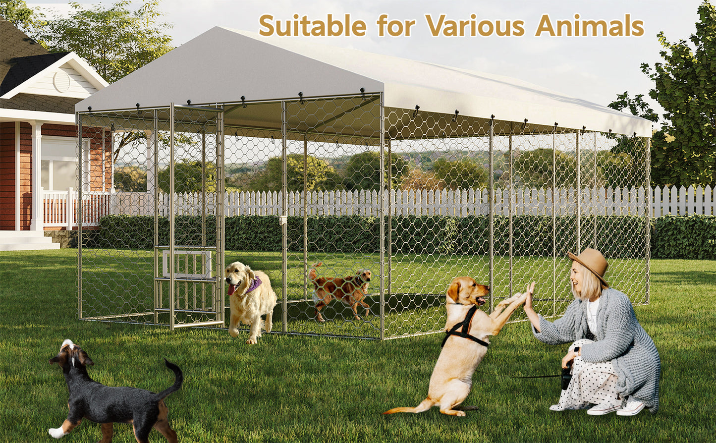 Large Outdoor Dog Kennel with Canopy, Galvanized Steel Frame, Waterproof Cover & Elevated Feeders