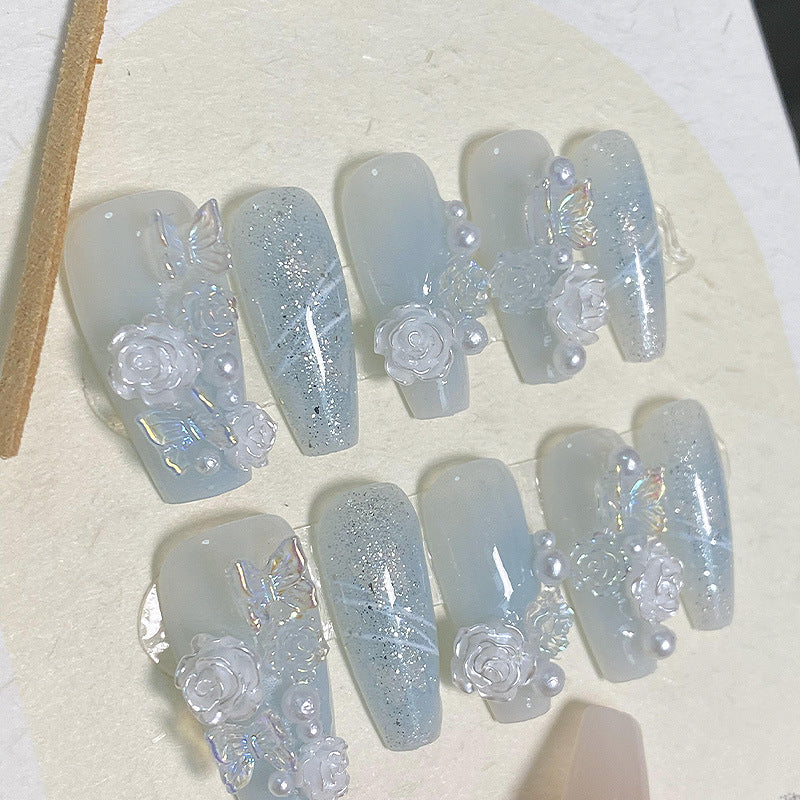Handmade Wearable Nail Art Kit with Icy Camellia Design & Gradient Colors