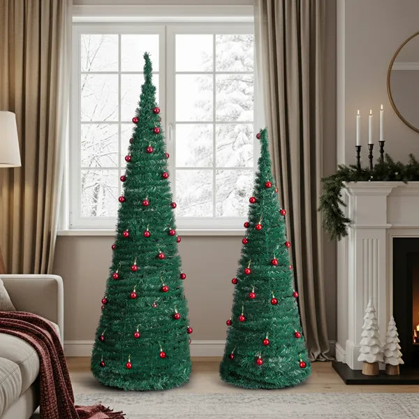 2-Pack Artificial Christmas Trees with Red Ball Ornaments - 6FT & 5FT