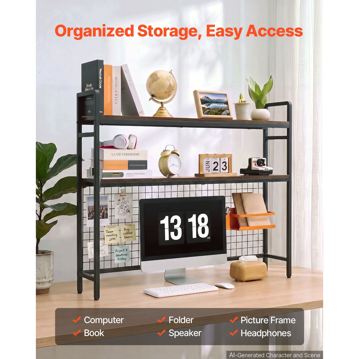 3-Tier Desktop Bookshelf with Metal Frame and Wooden Shelves - Black, Organizer for Dorm, Office, Home