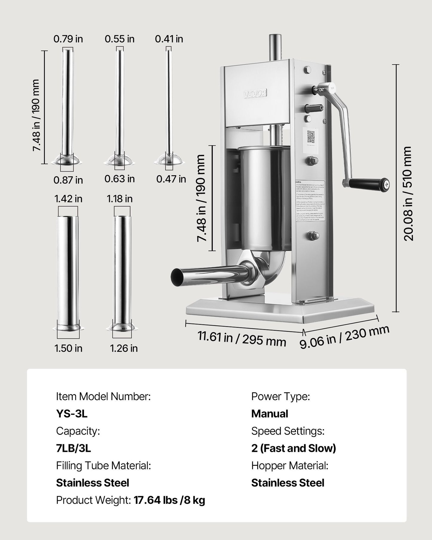 Manual Sausage Stuffer 7 Lb Vertical Meat Filler with 5 Tubes - Heavy Duty Stainless Steel