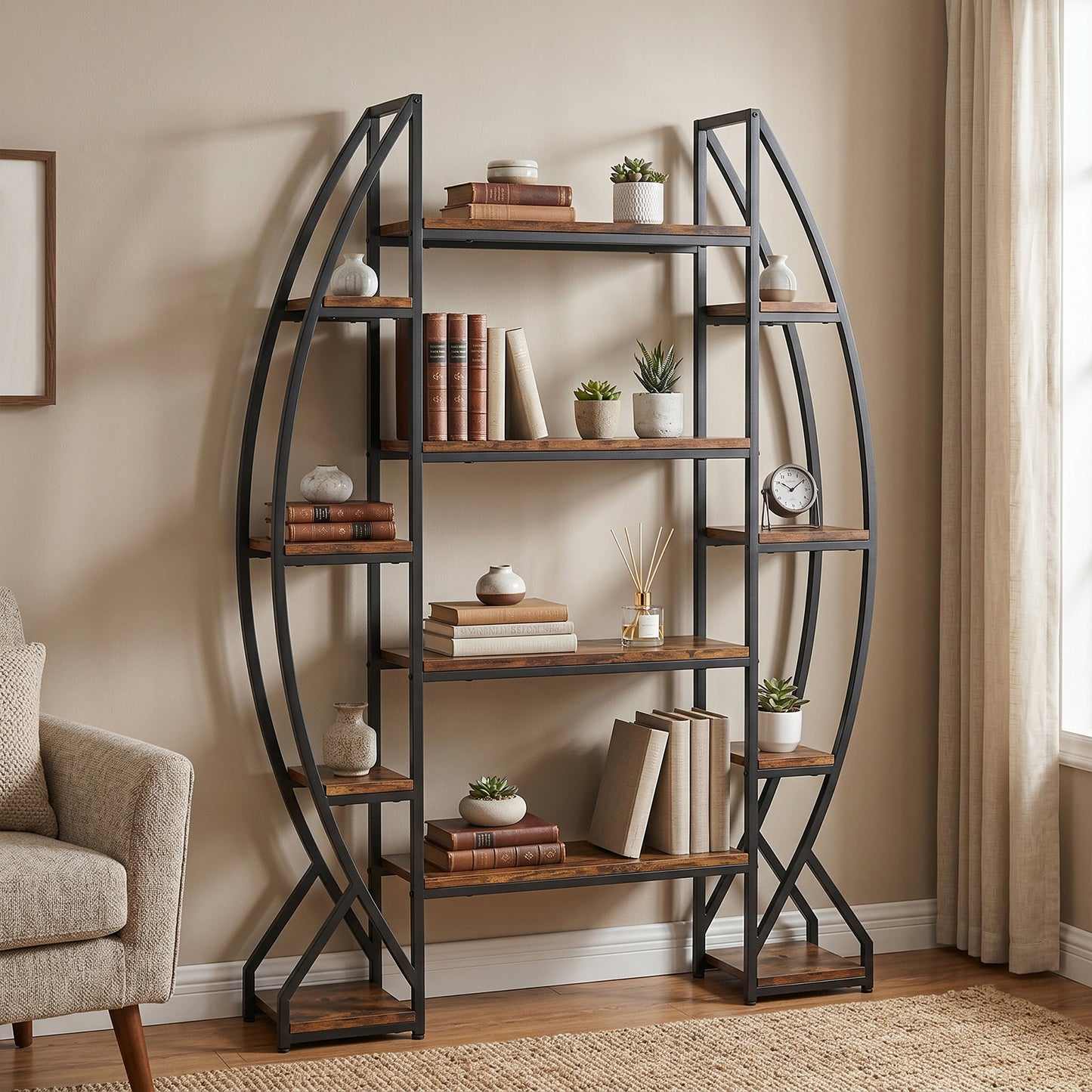 Industrial Oval Bookshelf - Vintage Metal & Wood Bookcase