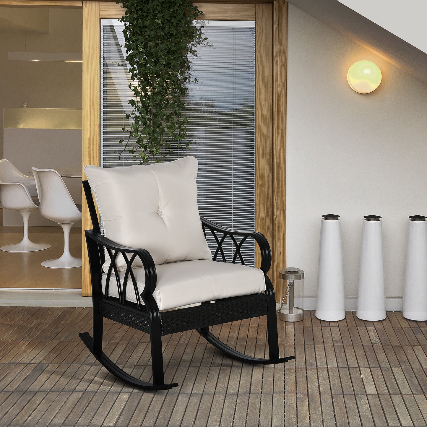 Outdoor Wicker Rocking Chair with Padded Cushions - Khaki