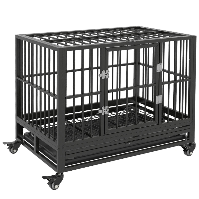 Heavy Duty Metal Dog Crate with Lockable Wheels, Double Doors & Removable Tray - Gray
