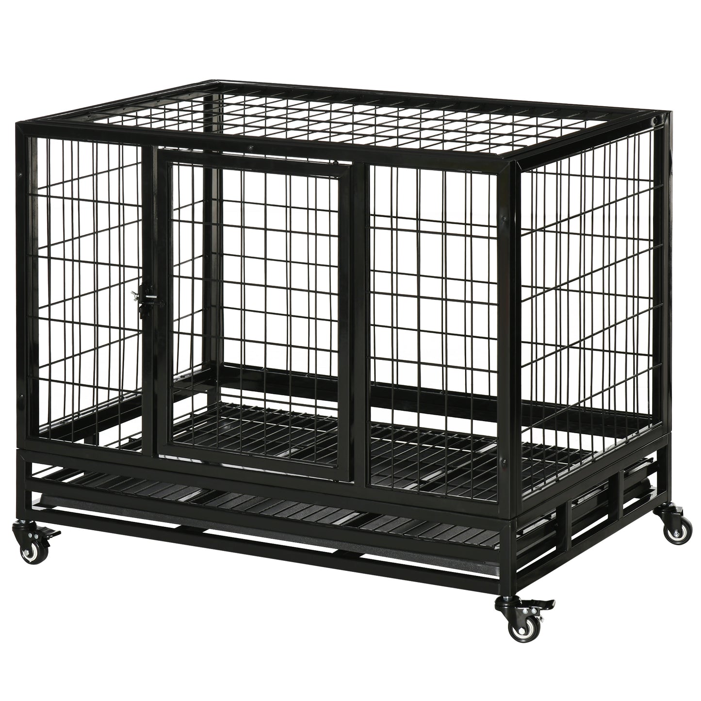 Heavy Duty Dog Crate 36 Inch with Removable Tray & Lockable Wheels for Medium & Large Dogs - Black