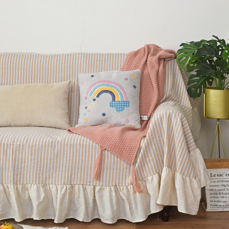 Linen-Colored Ruffled Edge Sofa Cover - Full-Cover Dust Protector