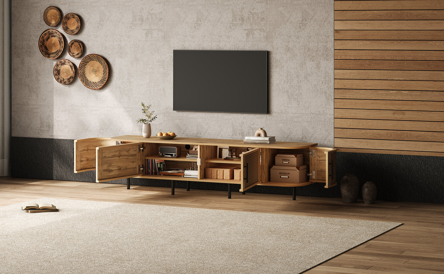 70-Inch Modern TV Stand with Rattan Doors for 80-Inch TVs