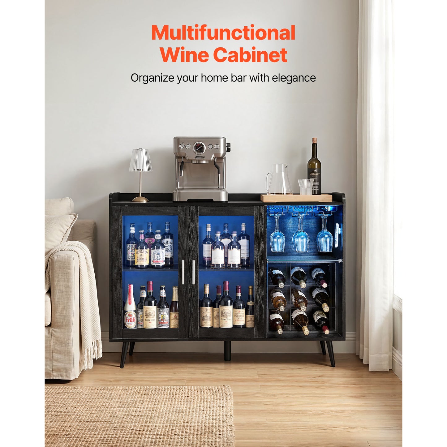 Wine Cabinet with 9 Bottle Racks & Glass Holder - Modern Buffet Sideboard, Black Wood Grain