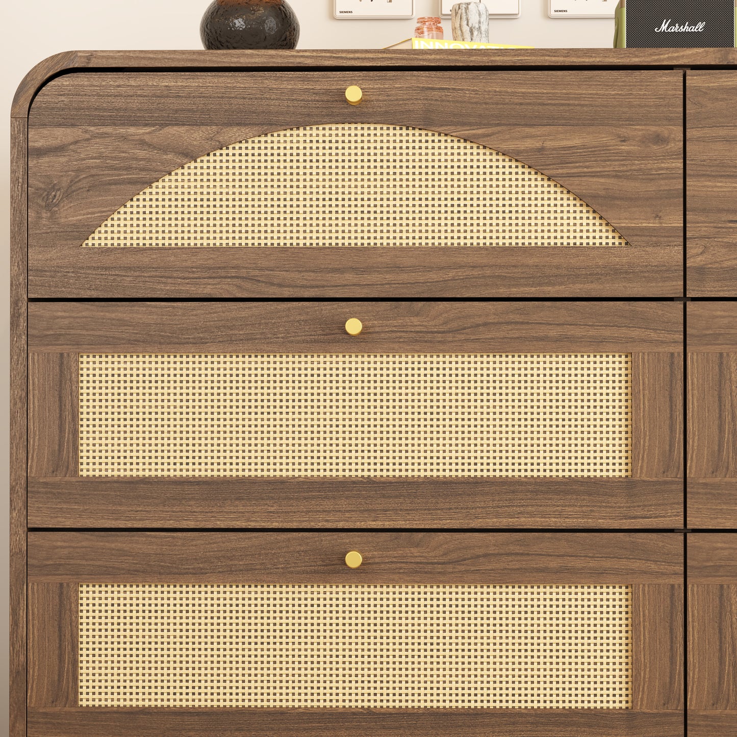 Walnut 8-Drawer Dresser with Rattan Front - Modern Storage Cabinet
