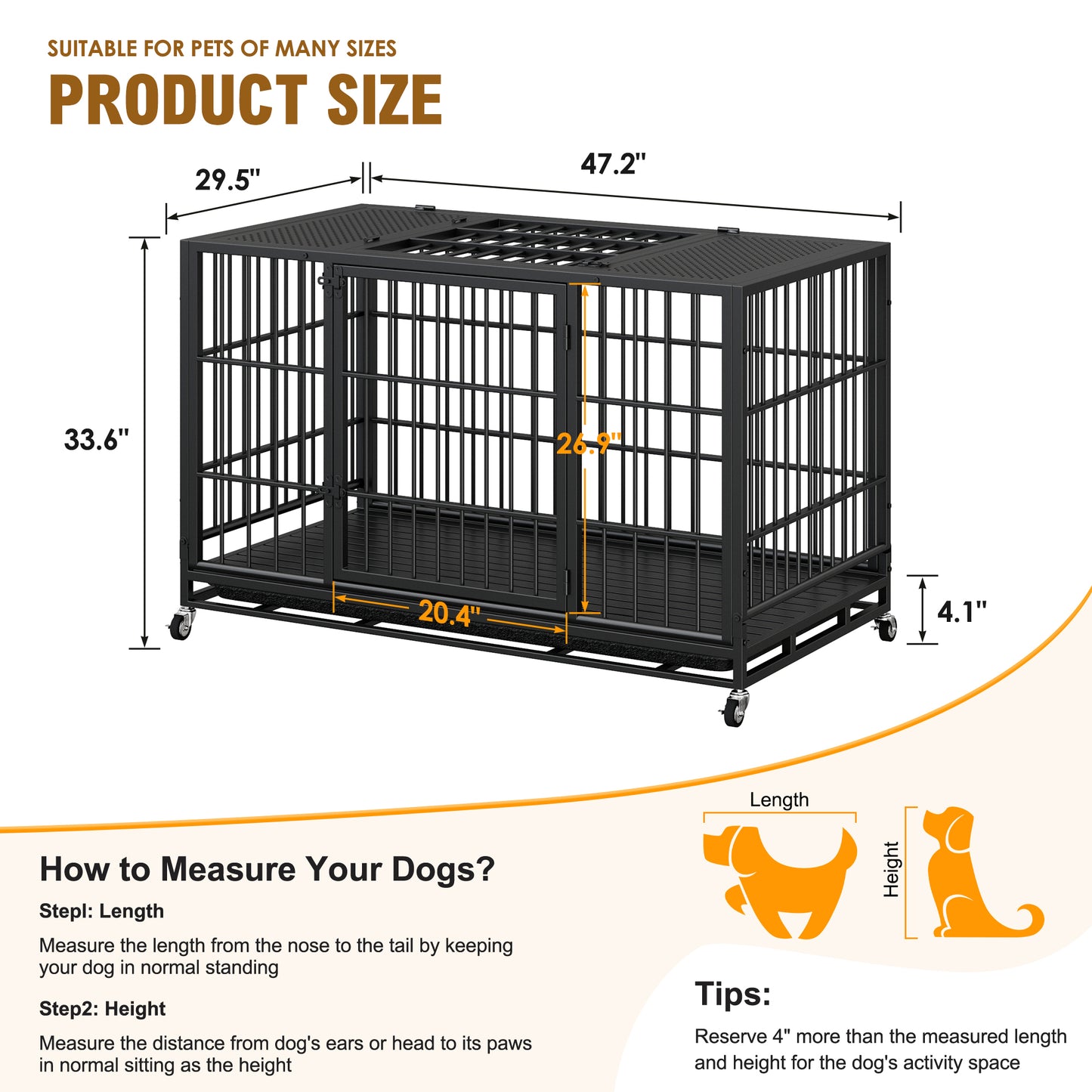 Heavy Duty Dog Crate with Lockable Wheels & Perforated Top - Indoor Outdoor Metal Kennel