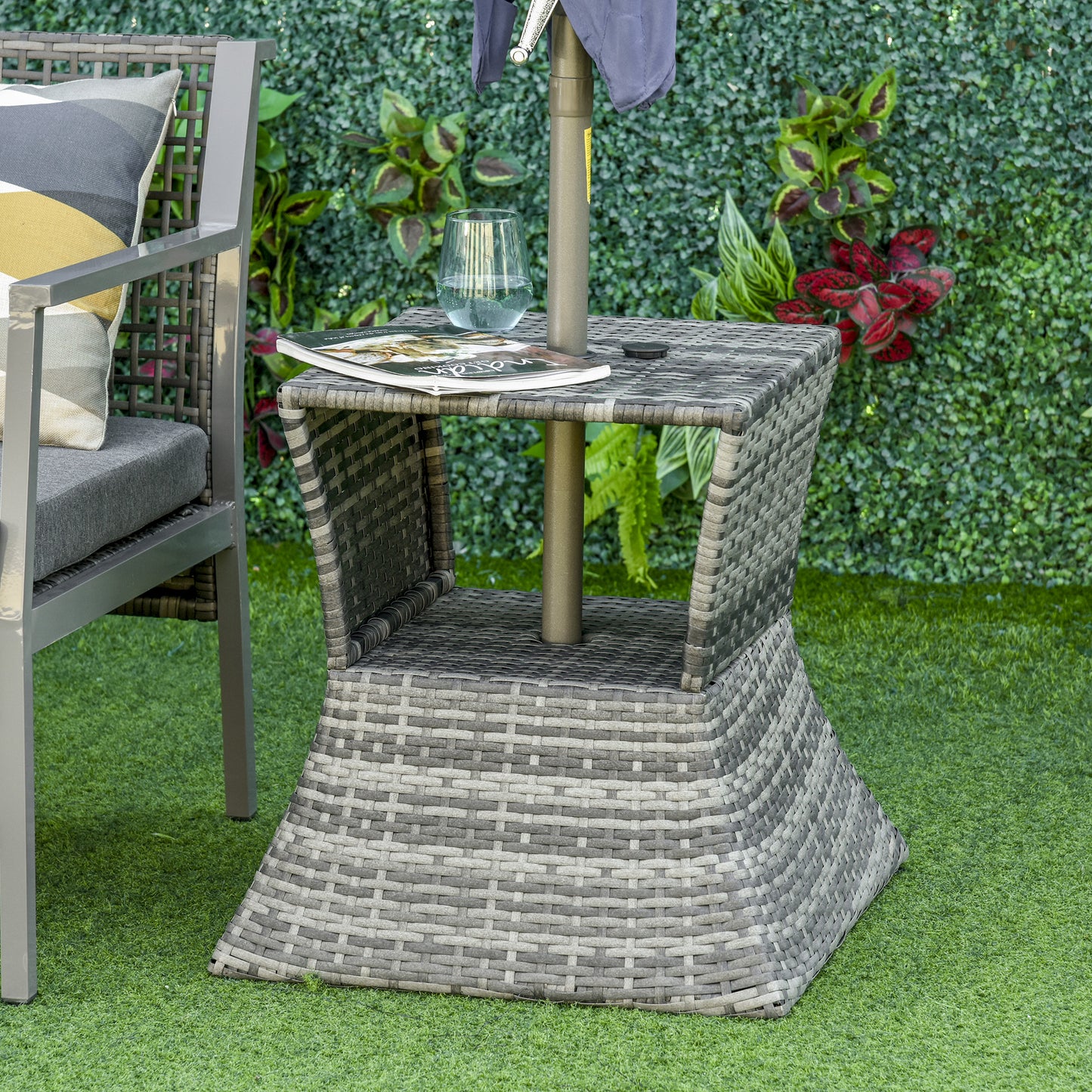 Outdoor Rattan Wicker Side Table with Umbrella Hole - Gray