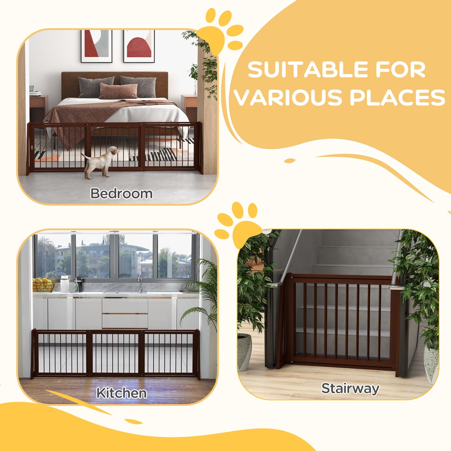 Adjustable Freestanding Wooden Pet Gate 28-75 Inches with Non-Slip Mats - Brown