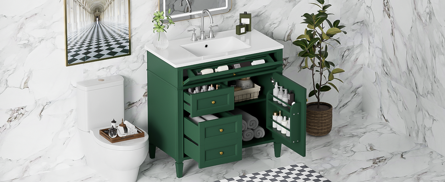 36'' Modern Bathroom Vanity with Sink & 3 Drawers - Garnet/Green